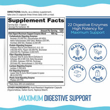 Supplement Facts label for Vital Digest Maximum Support showing 22 digestive enzymes, directions, and gluten-free, non-GMO, v