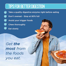 Man eating pizza with text listing digestion tips on blue background.