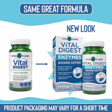 Vital Planet Vital Digest Enzymes Maximum Support supplement bottles and box showing old and new packaging designs.