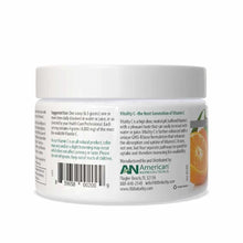 White container of Vitality C Vitamin C powder with white lid and orange citrus imagery on the label.