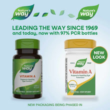 Two Nature's Way Vitamin A 3000 mcg bottles: original green bottle and new white bottle with gold cap, each containing 100 so