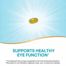 Golden-yellow oval vitamin A softgel capsule against a light blue background with sun rays.