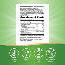 Vitamin B-12 2 mg supplement label showing nutrition facts, dosage instructions, and product certifications including gluten-