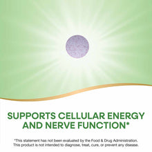 Purple speckled vitamin B-12 tablet on green and white background with curved gold line design.