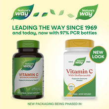 Nature's Way Vitamin C with Bioflavonoids bottles, one dark green and one white with gold cap, each containing 100 capsules.