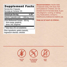 Supplement facts label for Vitamin C with Bioflavonoids showing 1,000mg Vitamin C and 600mg Citrus Bioflavonoid Complex per s