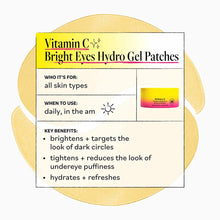 Vitamin C Bright Eyes Hydro Gel Patches box with yellow gel patches and product information card displayed.