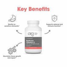 White supplement bottle labeled "Buffered Vitamin C 1000 mg with Bioflavonoids, 180 vegetarian capsules" by ARG.