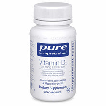 White bottle of Pure Encapsulations Vitamin D3 (25mcg/1000 IU) dietary supplement containing 60 capsules with white screw-top