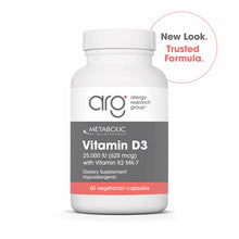 White bottle of Allergy Research Group Vitamin D3 25,000 IU with Vitamin K2 MK-7, 60 vegetarian capsules.