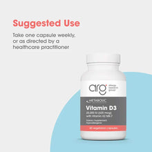 White bottle of Allergy Research Group Vitamin D3 25,000 IU with Vitamin K2 MK-7, 60 vegetarian capsules.