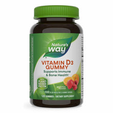 Nature's Way Vitamin D3 Gummy bottle with green cap, dark glass container, and label showing mixed fruit flavored gummies.