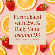 Cream-colored product label with red text surrounded by strawberry halves and orange slices on pink background.