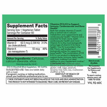 Supplement Facts label for Vitamin D3 & K2 vegetarian tablets with ingredient and dosage information on green background.