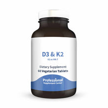 Dark glass bottle with white and blue label reading "D3 & K2, K2 as MK-7, Dietary Supplement, 60 Vegetarian Tablets" by Profe