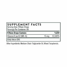 Supplement Facts label showing Vitamin K2 liquid dosage of 15 mg per fifteen drops with 80 servings per container.