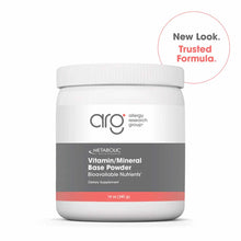 White plastic container of Allergy Research Group Vitamin/Mineral Base Powder with gray and coral label, 14 oz.