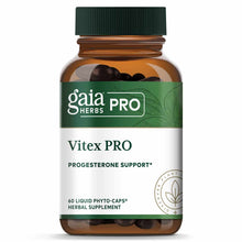 Gaia Herbs Pro Vitex PRO bottle with green label containing 60 dark liquid phyto-caps.