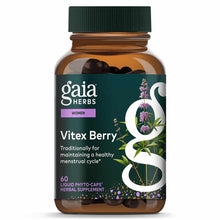 Gaia Herbs Vitex Berry bottle with green cap containing 60 dark liquid phyto-caps herbal supplement.