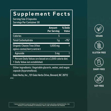 Supplement Facts label for Vitex Berry capsules showing dosage, ingredients, and allergen-free certifications on teal backgro