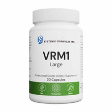 White bottle of VRM1 Large dietary supplement by Systemic Formulas containing 30 capsules with green label band.