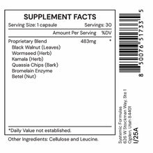 VRM2 supplement facts label showing 30 capsules with proprietary blend ingredients including black walnut, wormseed, kamala,