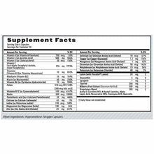 MaxiVision Whole Body Formula supplement facts label showing serving size of 4 capsules with vitamins, minerals, and botanica