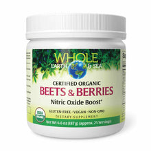 White container of Whole Earth & Sea Certified Organic Beets & Berries powder with green and burgundy label.