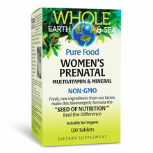 Whole Earth & Sea Women's Prenatal Multivitamin & Mineral supplement bottle with green and yellow gradient packaging, contain