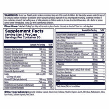 Supplement facts label for women's multivitamin vegcaps showing vitamins, minerals, and serving information.