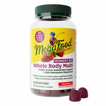 Bottle of Megafood Women's 55+ Whole Body Multi gummies in strawberry flavor with three dark red gummies displayed in front.