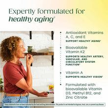 Woman consuming a gummy vitamin with product benefits listed, including antioxidant vitamins and vitamin K2.