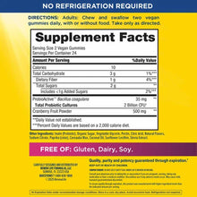 Bottle of Women's Care Gummy Probiotics + Prebiotics with supplement facts label showing 2 billion CFU and cranberry fruit po