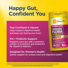 Bottle of Renew Life Women's Care Ultimate Flora Probiotic Gummies with 2 billion CFU and cranberry flavor on yellow and pink