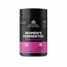Black and pink bottle of Ancient Nutrition Women's Fermented Multivitamin containing 60 capsules with vegan certification.