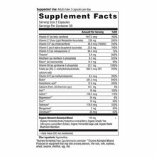 Supplement Facts label for Women's Fermented Multi showing serving size of 2 capsules per day with vitamins, minerals, and bo