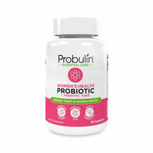 Probulin Women's Health Probiotic bottle with white cap and pink label showing 30 capsules.