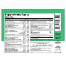 Green supplement bottle label showing detailed Supplement Facts panel with vitamins, minerals, and botanical ingredients list