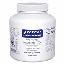 White bottle of Pure Encapsulations Women's Nutrients 40+ dietary supplement with white screw-on cap, containing 180 capsules