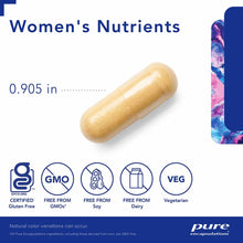 Tan capsule labeled Women's Nutrients 40+ by Pure Encapsulations, 0.905 inches, certified gluten-free, GMO-free, soy-free, da