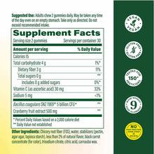 Supplement Facts label for probiotic and prebiotic gummies showing nutrition information, ingredients, and certification badg