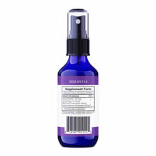 Blue glass spray bottle with black pump top and purple label showing supplement facts.