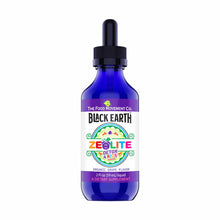 Blue glass dropper bottle of Black Earth Zeolite Detox 4 Kids liquid supplement, 2 fl oz, with colorful label and black cap.