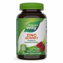 Nature's Way Zinc Gummy supplement bottle with green cap and label showing mixed berry flavored gummies, 120 count.