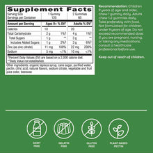Supplement facts label for Zinc Gummies 11 mg by Nature's Way on green background with icons.