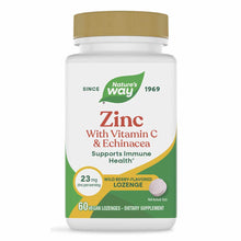 Nature's Way white bottle with gold cap containing 60 wild berry-flavored zinc lozenges with vitamin C and echinacea.