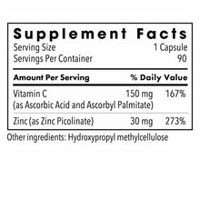 Supplement Facts label showing 30 mg zinc picolinate and 150 mg vitamin C per capsule, 90 servings per container.