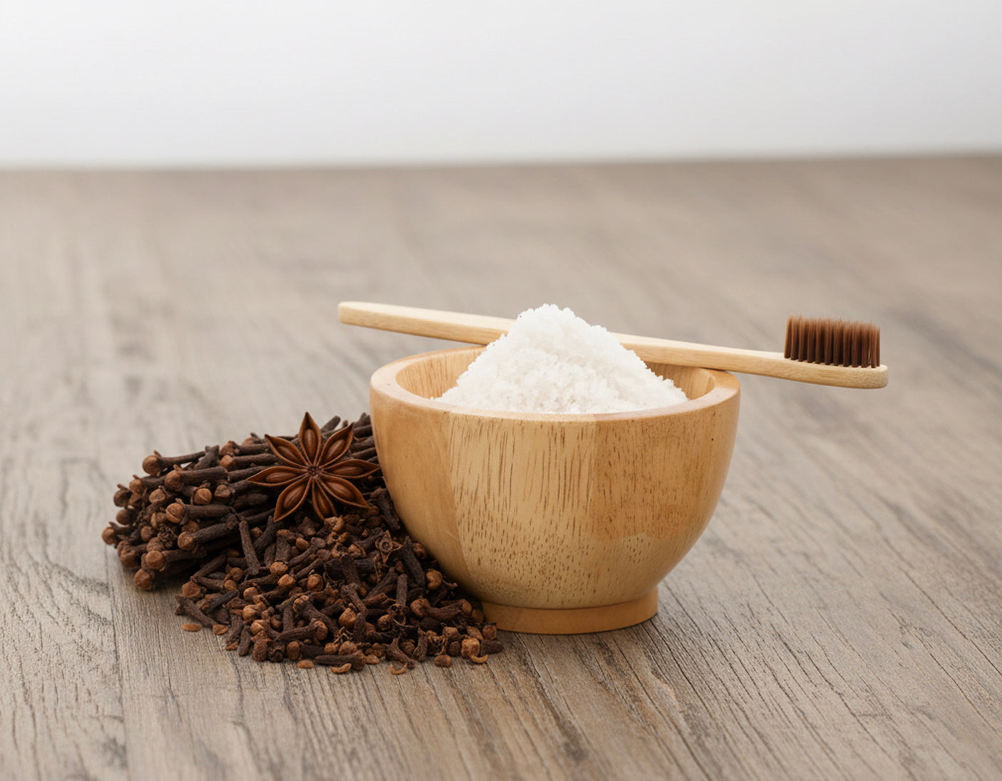 A bamboo toothbrush on top of a wooden bowl of clove oil