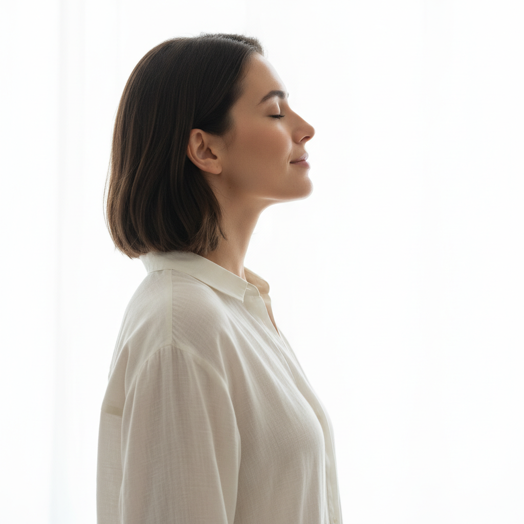 Profile of a woman with short hair and eyes closed, wearing a white shirt in a bright white background.