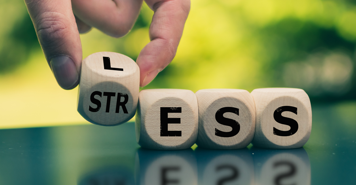 Wooden blocks spelling stress with one block removed.